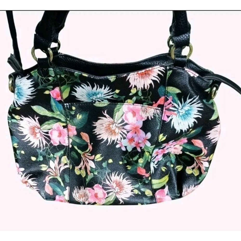 Liz Claiborne Floral Pattern Black Handbag with Silver Hardware Dark Whimsy - Picture 2 of 3